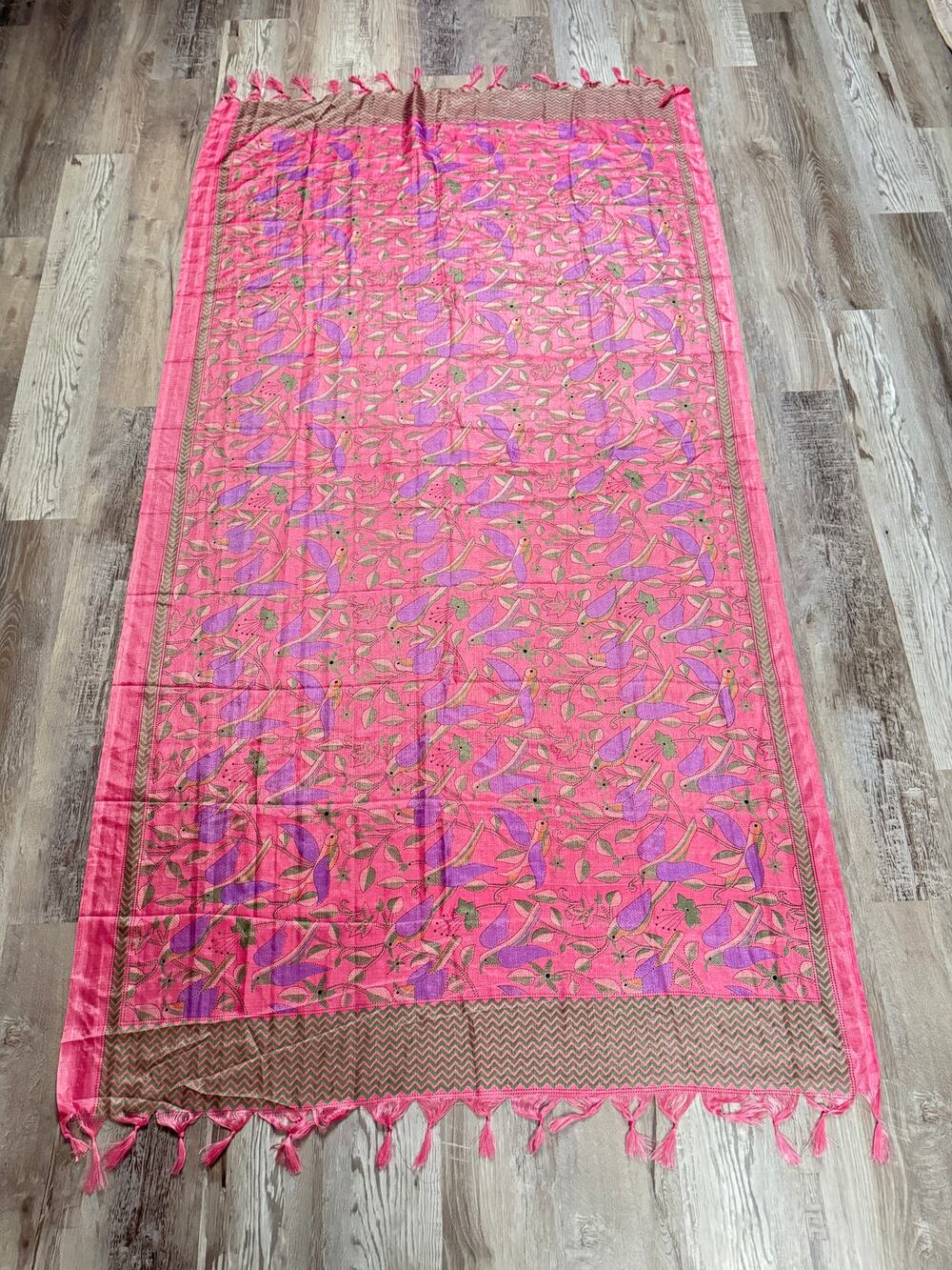 Vintage 90s Pink Parrot Bird Print Shawl Wrap Scarf Dupatta Boho Tassel 80x43